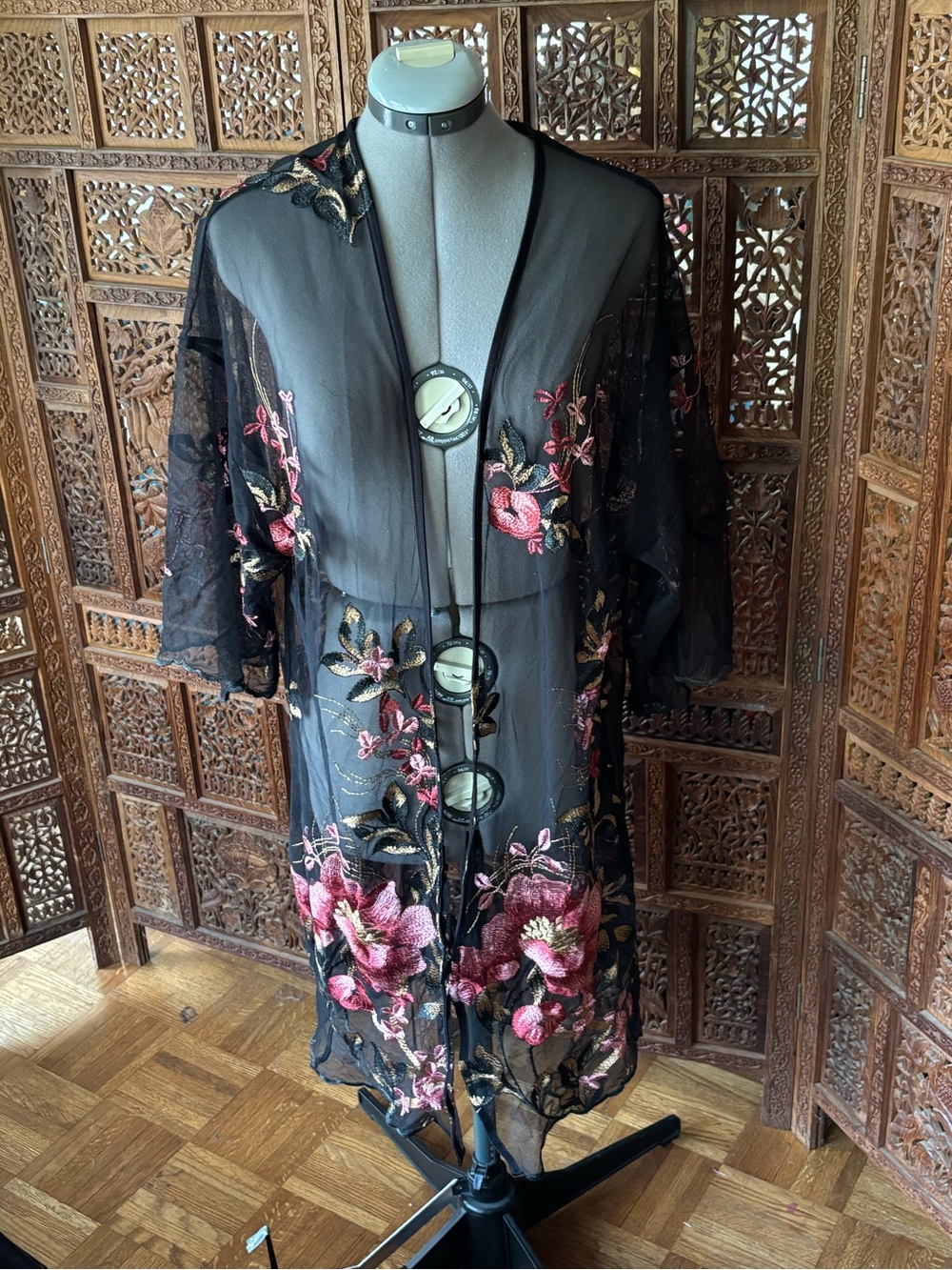 Sheer Black Floral Embroidered Kimono Robe - Women's Intimates